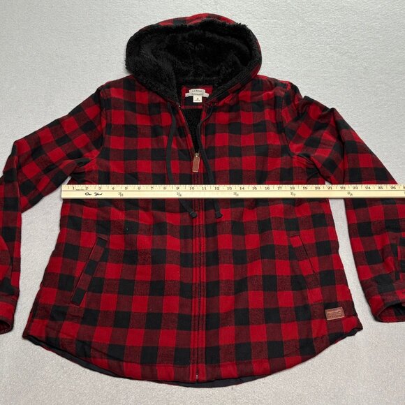 LL Bean Relaxed Fit Flannel Shacket Sherpa Lined Red/Black Plaid Hoodie Medium - Picture 7 of 12